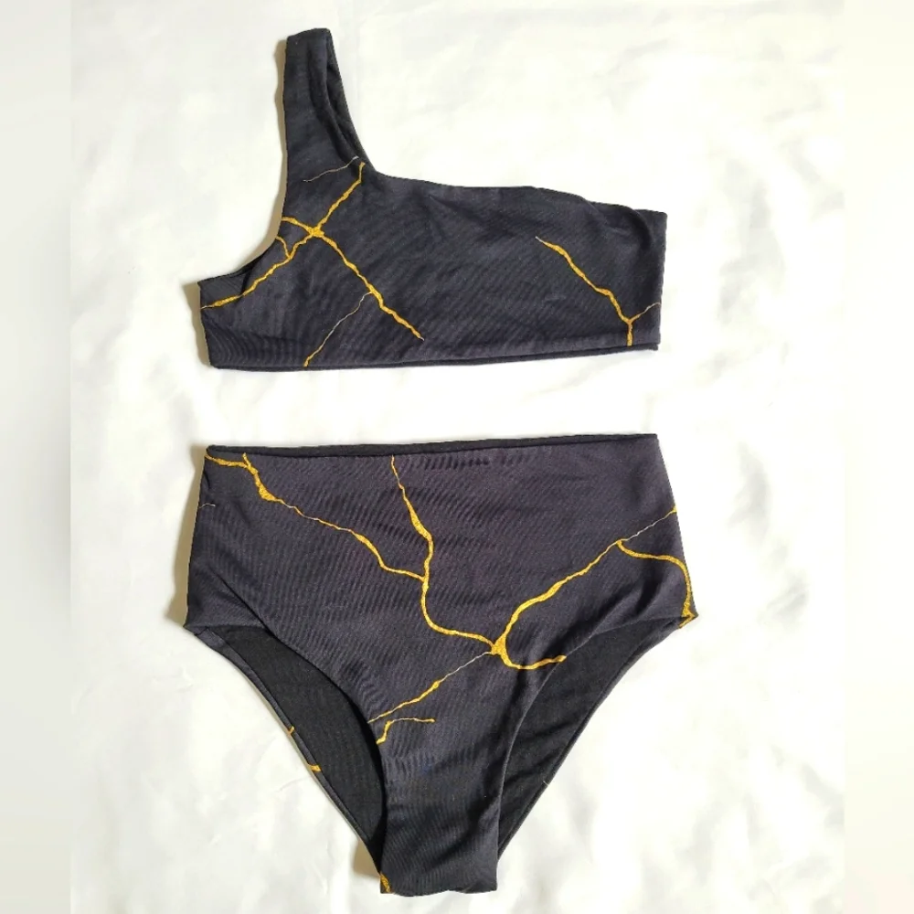 Kids One-Shoulder Black and Gold Bikini Set